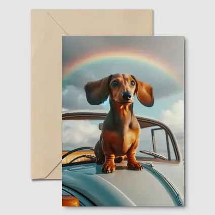 Dachshund Dog on Vintage Car Rainbow Sky