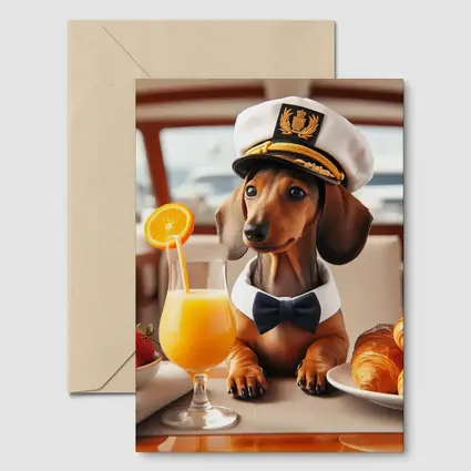 Dachshund Captain Hat Yacht Breakfast Scene