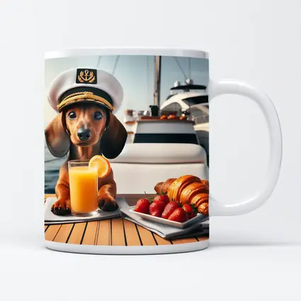 Dachshund Captain Hat Yacht Breakfast Scene