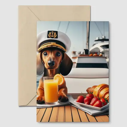 Dachshund Captain Hat Yacht Breakfast Scene