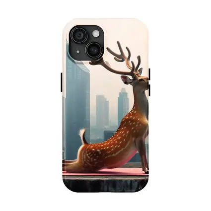 Deer Doing Yoga City Skyline Background