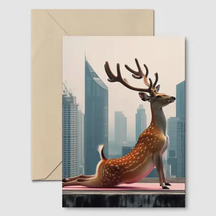 Deer Doing Yoga City Skyline Background