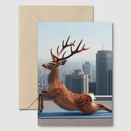 Deer Doing Yoga City Skyline Background
