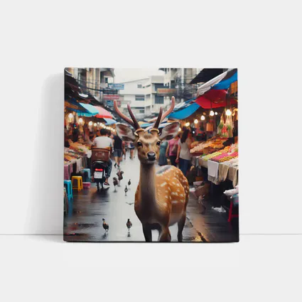 Deer Stag Walking Through Busy Street Market