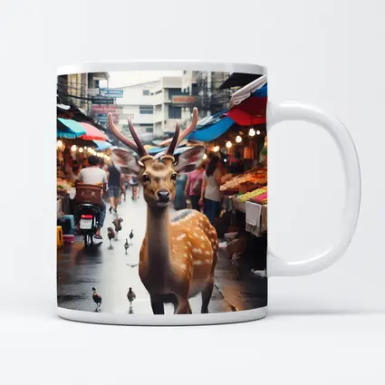 Deer Stag Walking Through Busy Street Market