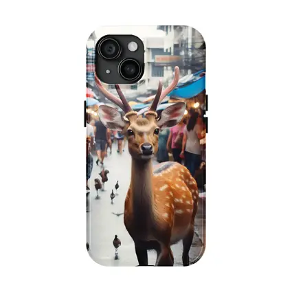 Deer Stag Walking Through Busy Street Market