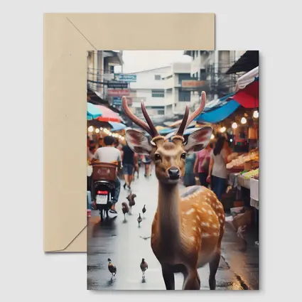 Deer Stag Walking Through Busy Street Market