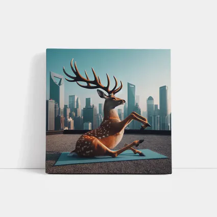 Deer Doing Yoga City Skyline Background