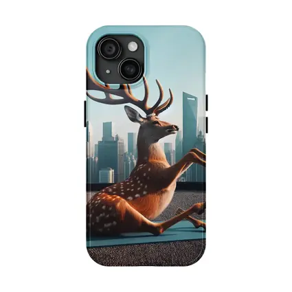 Deer Doing Yoga City Skyline Background