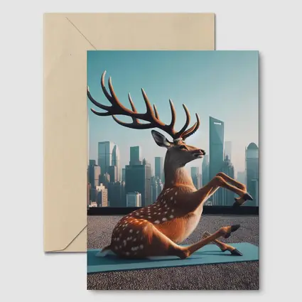 Deer Doing Yoga City Skyline Background