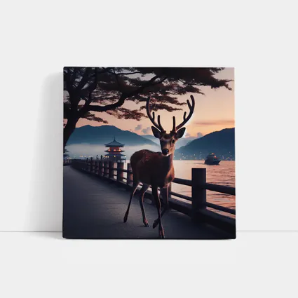 Deer on Japanese Pagoda Waterfront at Dusk