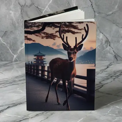 Deer on Japanese Pagoda Waterfront at Dusk