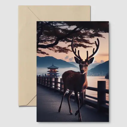 Deer on Japanese Pagoda Waterfront at Dusk