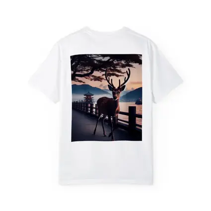 Deer on Japanese Pagoda Waterfront at Dusk