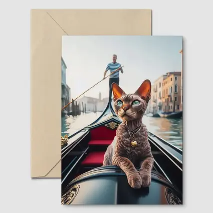 Devon Rex Cat Riding Venice Gondola Canal