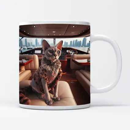 Sphynx Cat Wearing Fur Coat Luxury Yacht