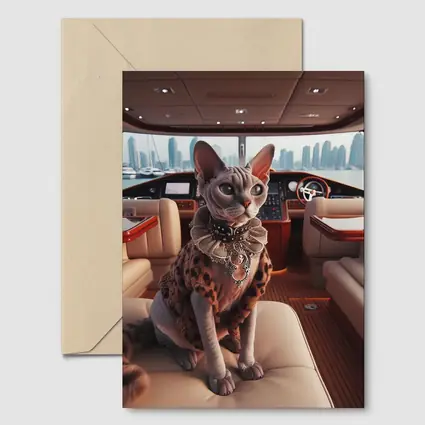 Sphynx Cat Wearing Fur Coat Luxury Yacht