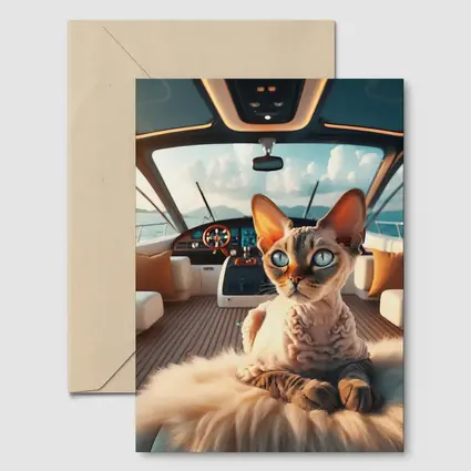 Devon Rex Cat Relaxing On Luxury Yacht