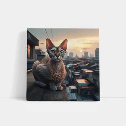 Devon Rex Cat Sitting On City Rooftop
