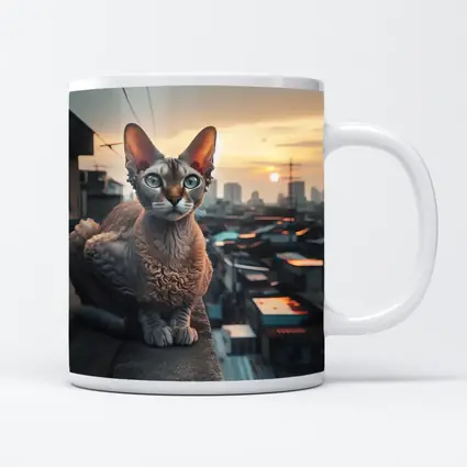 Devon Rex Cat Sitting On City Rooftop