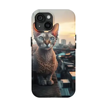 Devon Rex Cat Sitting On City Rooftop
