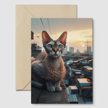 Devon Rex Cat Sitting On City Rooftop