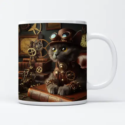 Gray Cat Steampunk Gears Vintage Study