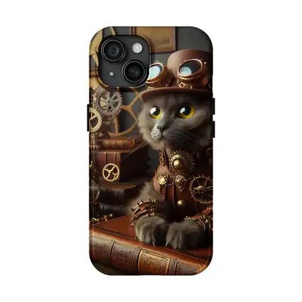 Gray Cat Steampunk Gears Vintage Study