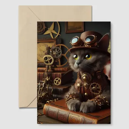 Gray Cat Steampunk Gears Vintage Study