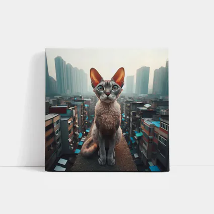Devon Rex Cat Sitting Over City Skyline