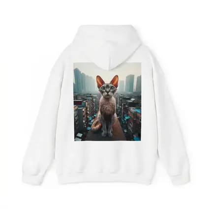 Devon Rex Cat Sitting Over City Skyline