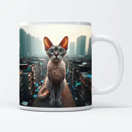 Devon Rex Cat Sitting Over City Skyline