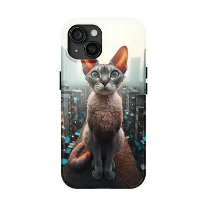 Devon Rex Cat Sitting Over City Skyline