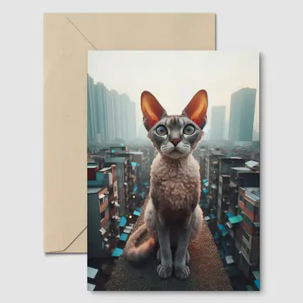 Devon Rex Cat Sitting Over City Skyline