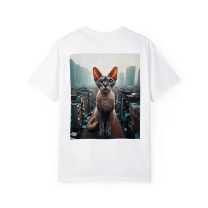 Devon Rex Cat Sitting Over City Skyline