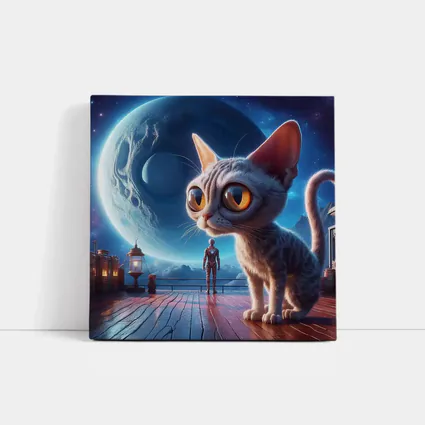 Big Eyed Cat Moonlit Fantasy Space Scene