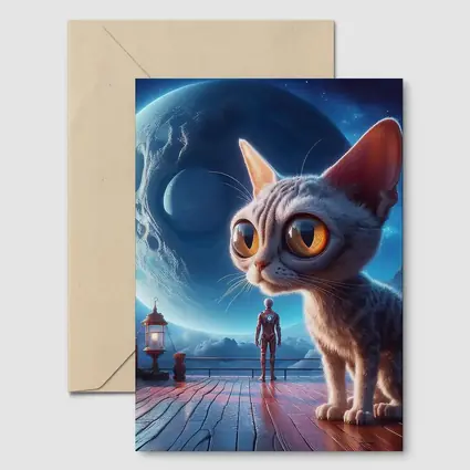 Big Eyed Cat Moonlit Fantasy Space Scene