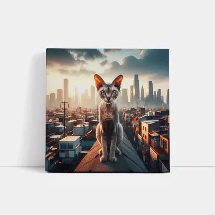 Devon Rex Cat Sitting On City Rooftop