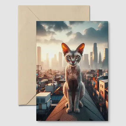 Devon Rex Cat Sitting On City Rooftop