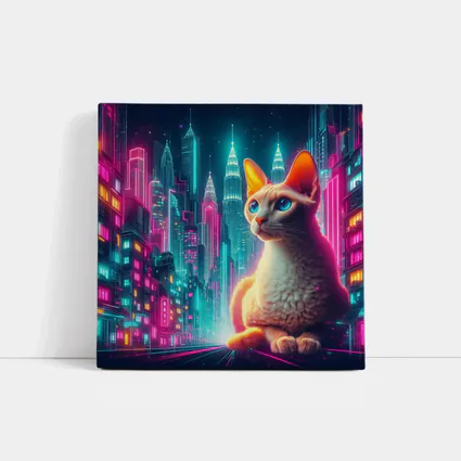 Devon Rex Cat Neon Cyberpunk City Night