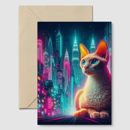 Devon Rex Cat Neon Cyberpunk City Night