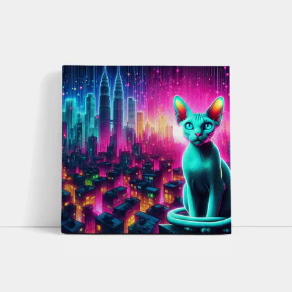 Sphynx Cat Neon Cyberpunk City Night