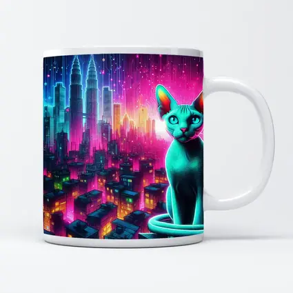 Sphynx Cat Neon Cyberpunk City Night