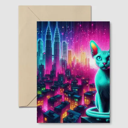 Sphynx Cat Neon Cyberpunk City Night