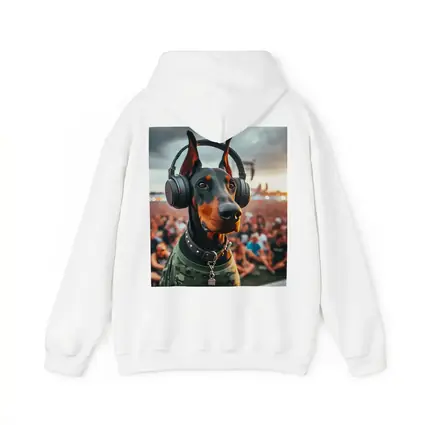 Doberman Wearing Headphones at Music Festival