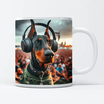 Doberman Wearing Headphones at Music Festival