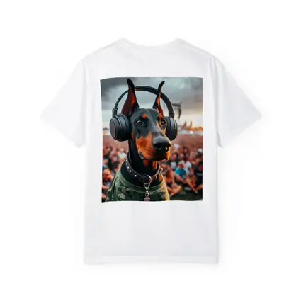 Doberman Wearing Headphones at Music Festival