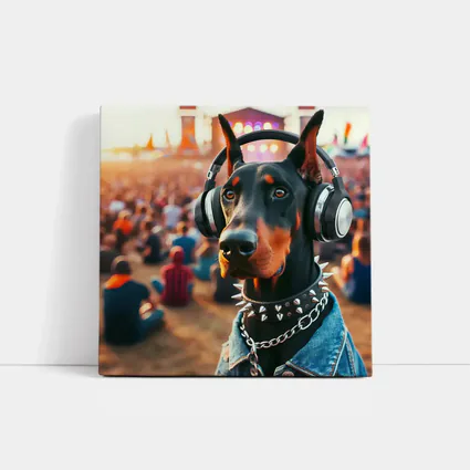 Doberman Pinscher With Headphones At Music Festival