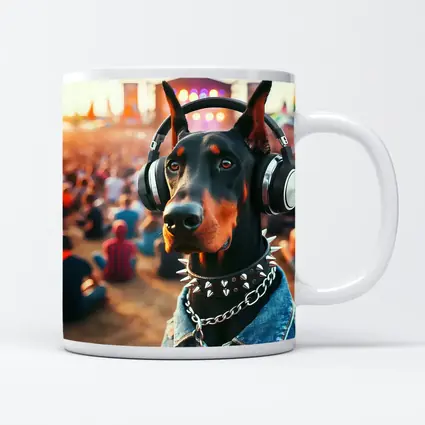 Doberman Pinscher With Headphones At Music Festival