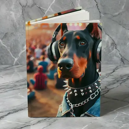 Doberman Pinscher With Headphones At Music Festival